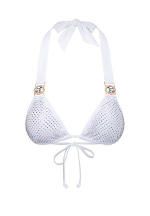 Witte driehoekige bikini met iriserende rhinestones die de cups bedekken, bevestigd met een gouden accent en witte strikbanden.