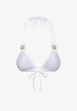 Bikini triangulaire blanc orné de strass irisés couvrant les bonnets, maintenu par un accent doré et des bretelles blanches à nouer.