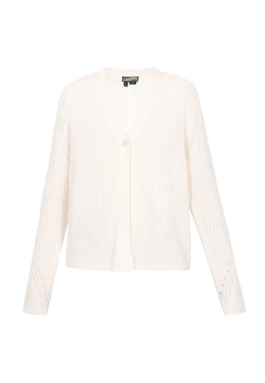 Baltas megztinis su V formos iškirpte, ilgomis rankovėmis ir vienu užsegimu. Yra tekstūruotas raštas su atvirais siūlais.