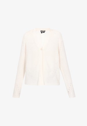 Cardigan alb tricotat cu guler în V, mâneci lungi și închidere cu un singur nasture. Este decorat cu un model texturat cu cusături deschise.