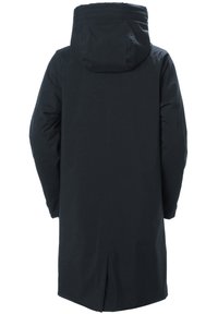Černá nepromokavá parka s kapucí, s dlouhým designem, mírně strukturovaným materiálem a rozparkem vzadu pro snadný pohyb.