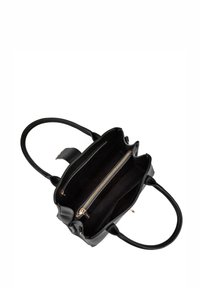 Zwarte leren handtas met dubbele handvaten, voorzien van een ruime binnenkant, één ritsvak en een zachte voering.