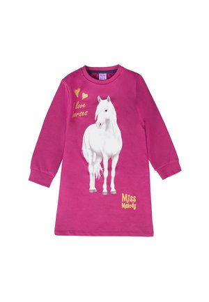 Langärmliges Kleid aus leuchtend pinkem Baumwollstoff. Mit einem weißen Pferde-Graphic und goldener Aufschrift "Ich liebe Pferde" sowie Logo "Miss Melody".