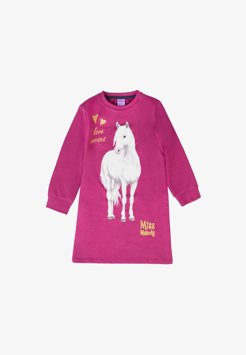 Abito a maniche lunghe in cotone rosa brillante. Presenta una grafica di un cavallo bianco e il testo dorato "Amo i cavalli" con il logo "Miss Melody".