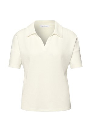 Kortærmet, cremefarvet strikbluse med åben krave og blød tekstur, designet til afslappet brug.