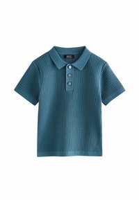 Hladký polo tričko v barvě teal s límečkem, tří knoflíkovou légou a krátkými rukávy. Pletená textura dodává hloubku a detail.