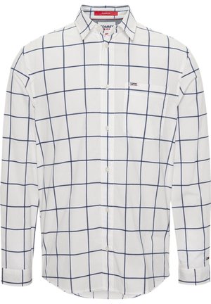 Wit overhemd met lange mouwen, knoopsluiting, marineblauw ruitpatroon, borstzak en klassieke kraag, met het label Tommy Jeans.