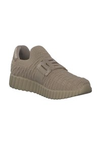Beige knit sneaker with a textured pattern and a flexible sole. Features a slip-on design and decorative metallic accent on the straps.