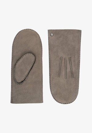 Grey suede mittens with a thumb hole and stitched detailing. One side features three vertical stitch accents. Smooth texture.