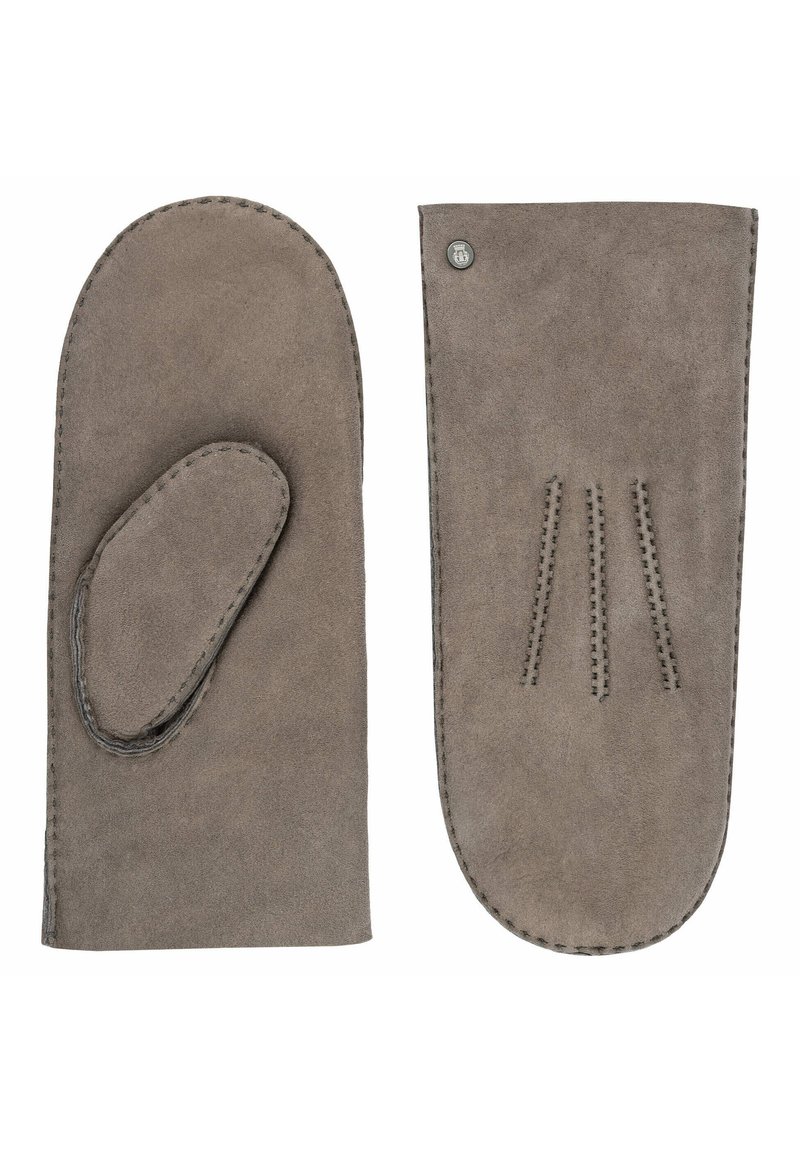 Grau Wildlederhandschuhe mit einem Daumenloch und genähten Details. Eine Seite hat drei vertikale Stichakzente. Glatte Textur.