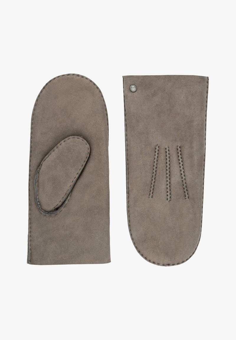 Grau Wildlederhandschuhe mit einem Daumenloch und genähten Details. Eine Seite hat drei vertikale Stichakzente. Glatte Textur.