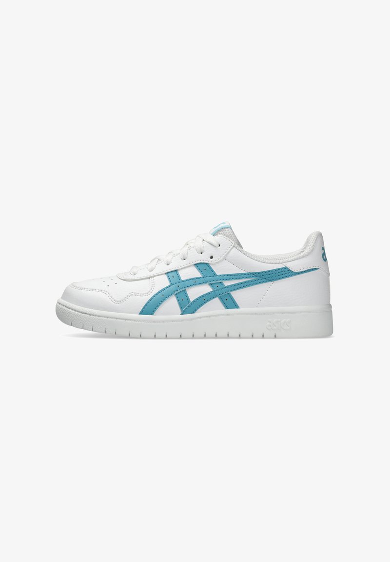 White sneakers with light blue accents and grey details. Smooth leather upper, perforated toe, and rubber sole with grooved texture.