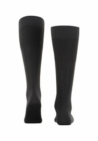 Calze nere a lunghezza ginocchio con texture a coste e rinforzo sul tallone e sulle punte. Finitura in tessuto liscio, progettate per comfort e durabilità.