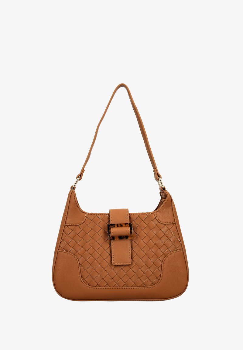 Tan vævet lædertaske med en glat overflade, der har en rektangulær form, en fremtrædende spænde-lukning og en enkelt skulderrem.