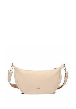 Beige crescent-shaped shoulder bag with adjustable strap, silver clasp hooks, and small embossed brand logo on front center.