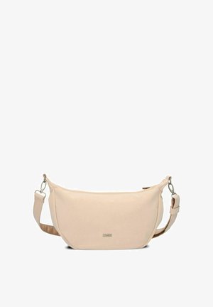Beige crescent-shaped shoulder bag with adjustable strap, silver clasp hooks, and small embossed brand logo on front center.