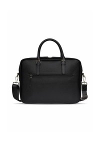 Schwarze Leder-Laptoptasche mit doppelten Griffen, verstellbarem Schulterriemen, vorderer Reißverschlusstasche und glatter, strukturierter Oberfläche. Rechteckige Form.