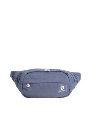 Blauer Bauchgurt mit Reißverschluss, Fronttasche, silbernen Reißverschlussanhängern und Discovery-Logoaufnäher auf der unteren rechten Seite.