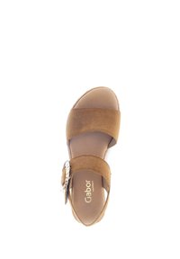 Brown suede sandal with two wide straps, one featuring a decorative buckle. Open toe design and cushioned insole for comfort.