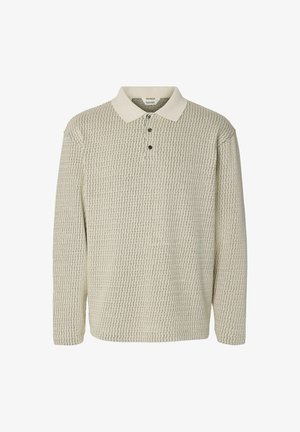 Beige long-sleeve polo shirt with a cream collar and a small repeating geometric pattern, featuring three dark buttons at the neckline.