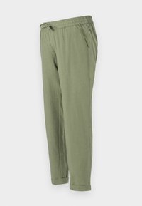 Jasnozielone, luźne spodnie z elastycznym paskiem w talii, sznurkiem i bocznymi kieszeniami; wykonane z miękkiej, teksturowanej tkaniny z podwiniętymi mankietami.