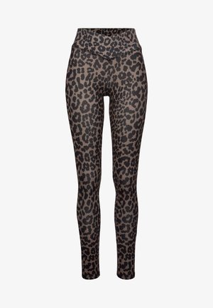 Leopard print leggings featuring a high waistband, smooth texture, and fitted design. The pattern has varied sizes of dark spots on a tan background.