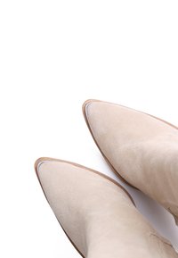 Botines de ante beige con puntas afiladas y una suela suave de color claro. Diseño minimalista sin hardware o patrones visibles.