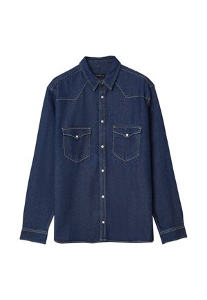 Dark blue denim shirt with long sleeves, pointed collar, two chest pockets, and visible stitching details. Front button closure and cuffs.