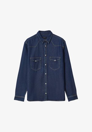 Dunkelblaue Jeanshemd mit langen Ärmeln, spitzem Kragen, zwei Brusttaschen und sichtbaren Nähten. Vorderer Knopfverschluss und Manschetten.