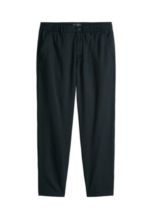 Pantalon décontracté noir avec taille élastique, fermeture à boutons sur le devant, poches latérales et passants pour ceinture, présenté sur un fond blanc.