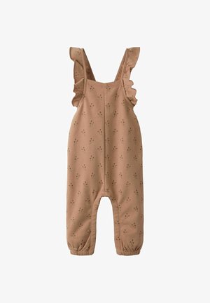 Svetlo rjav otroški kombinezon z drobnim cvetličnim vzorcem, nabrane naramnice in elastični manšeti na gležnjih.