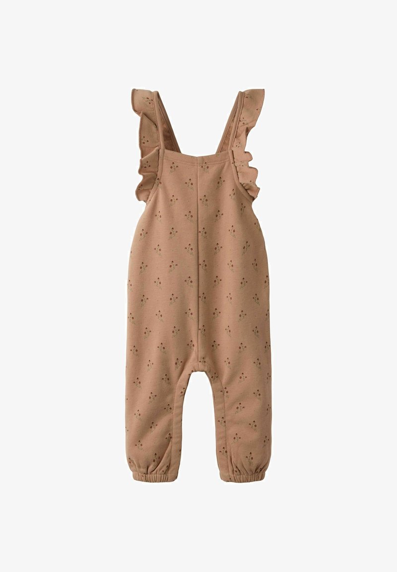 Svetlo rjav otroški kombinezon z drobnim cvetličnim vzorcem, nabrane naramnice in elastični manšeti na gležnjih.