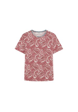 T-shirt à manches courtes avec col rond, orné d'un motif floral paisley rouge et blanc complexe et d'un liseré bleu clair autour de l'encolure.