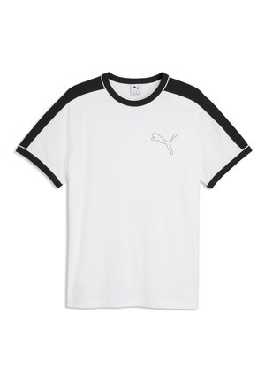 Hvid kortærmet T-shirt med sorte skulder- og ærmedetaljer, sort krave og lille Puma-logo på venstre bryst. Ingen personer til stede.