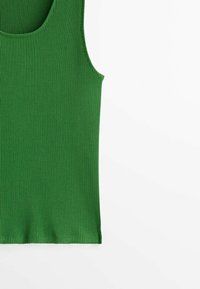 Green ribbed tank top with a rounded neckline and sleeveless design, featuring a smooth texture and neat stitching along the edges.