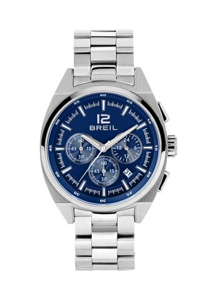Stainless steel chronograph watch with a blue dial, white hour markers, and three sub-dials. Features a date display and durable link bracelet.