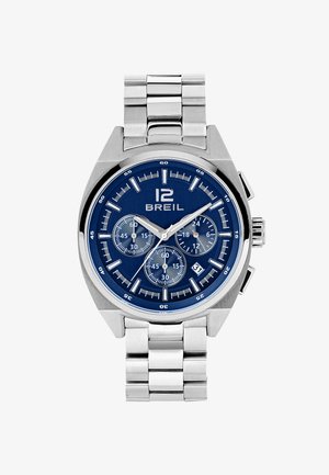 Rustfrit stål chronograph ur med en blå urskive, hvide time markører og tre sub-dials. Har en datovisning og en holdbar link-chronobånd.