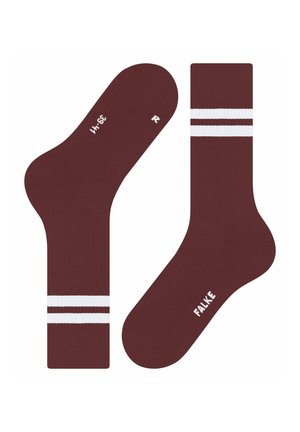 Pair of maroon crew socks with two white stripes near the top, "FALKE" branding on foot, and size markings inside.