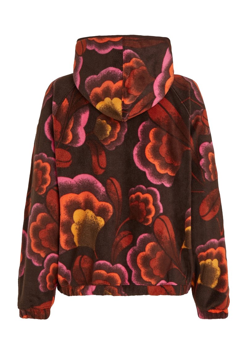 Braune Kapuzenfleecejacke mit großem Blumenmuster in Rot, Rosa und Gelb. Ausgestattet mit elastischen Bündchen und Saum, weicher Textur.