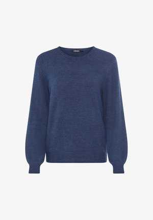 Dunkelblau gestrickter Pullover mit langen Ärmeln, rundem Ausschnitt und gerippten Bündchen. Weiche Textur und simples Design ohne Muster oder Verzierungen.