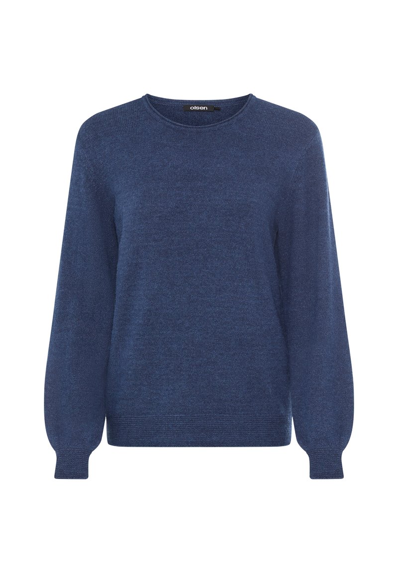 Dunkelblau gestrickter Pullover mit langen Ärmeln, rundem Ausschnitt und gerippten Bündchen. Weiche Textur und simples Design ohne Muster oder Verzierungen.