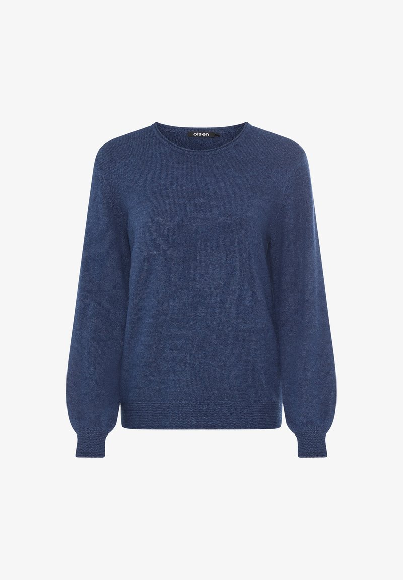 Dunkelblau gestrickter Pullover mit langen Ärmeln, rundem Ausschnitt und gerippten Bündchen. Weiche Textur und simples Design ohne Muster oder Verzierungen.