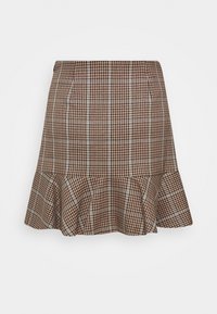 Falda a cuadros marrón y azul con un dobladillo con volantes, hecha de una tela suave. Presenta dos bolsillos laterales y una cinturilla ajustada.