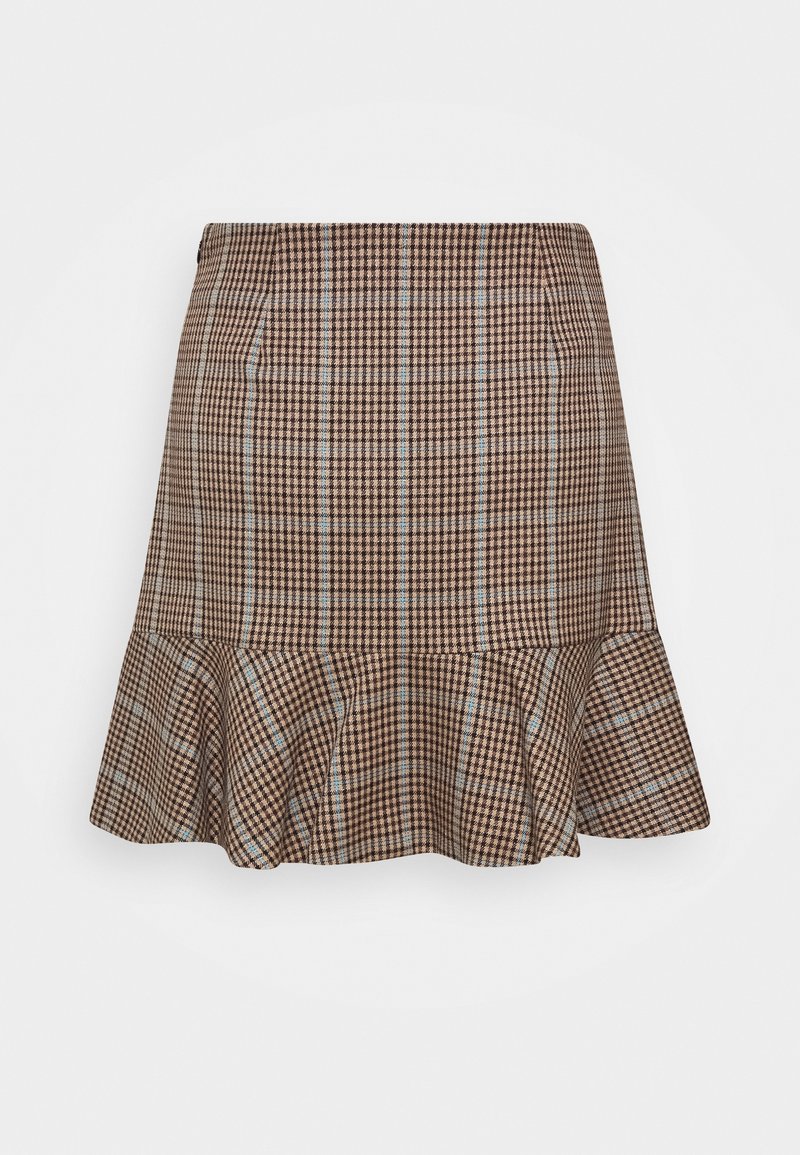 Falda a cuadros marrón y azul con un dobladillo con volantes, hecha de una tela suave. Presenta dos bolsillos laterales y una cinturilla ajustada.