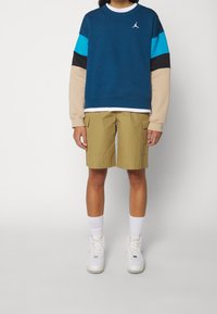 Felpa blu e beige con una striscia nera e turchese, con un piccolo logo; abbinata a pantaloncini cargo kaki e sneakers bianche.