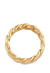 Goldene, gedrehte Bandring mit einer glatten, polierten Oberfläche und ineinander verwobenen Design. Runde Form mit gleichmäßiger Breite über die gesamte Länge.