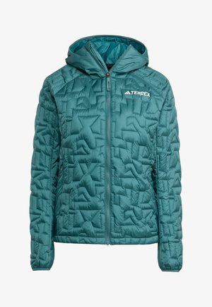 Teal vadderad jacka med huva, dragkedja fram och Terrex-logotyp. Har ett geometriskt mönster och elastiska ärmslut, tillverkad av lättviktsmaterial.