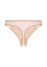 Beige stringondergoed met doorzichtige florale kantinzetstukken, een gladde stof en een delicate elastische tailleband; heeft uitsparingen aan de zijkanten.