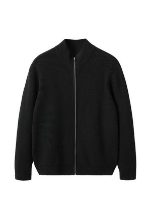 Giacca a zip nera in maglia con texture a costine, maniche lunghe e colletto alto, mostrata su uno sfondo bianco.