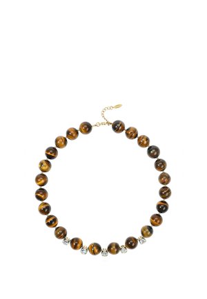 Necklace with round brown and black tiger eye beads alternating with clear round gemstones on a gold chain with adjustable clasp.